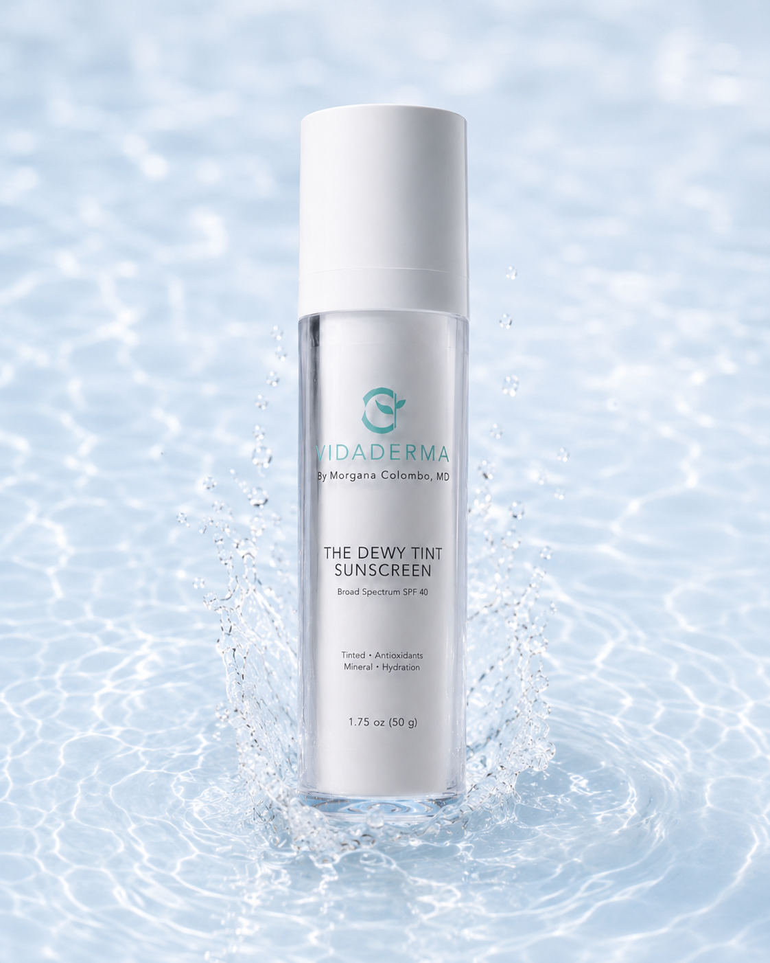 Dewy Tint sunscreen bottle on a water background