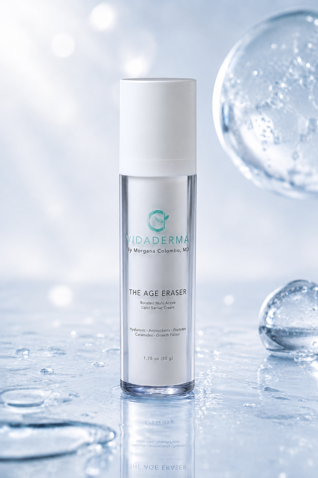 Skincare bottle labeled 'The Age Eraser' by Vidaderma on a reflective surface with water droplets.