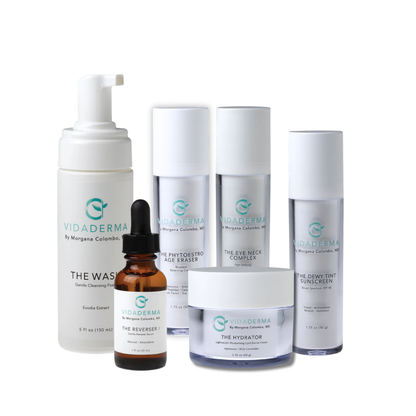 A set of skincare bottles and jars for Dr. Colombo&